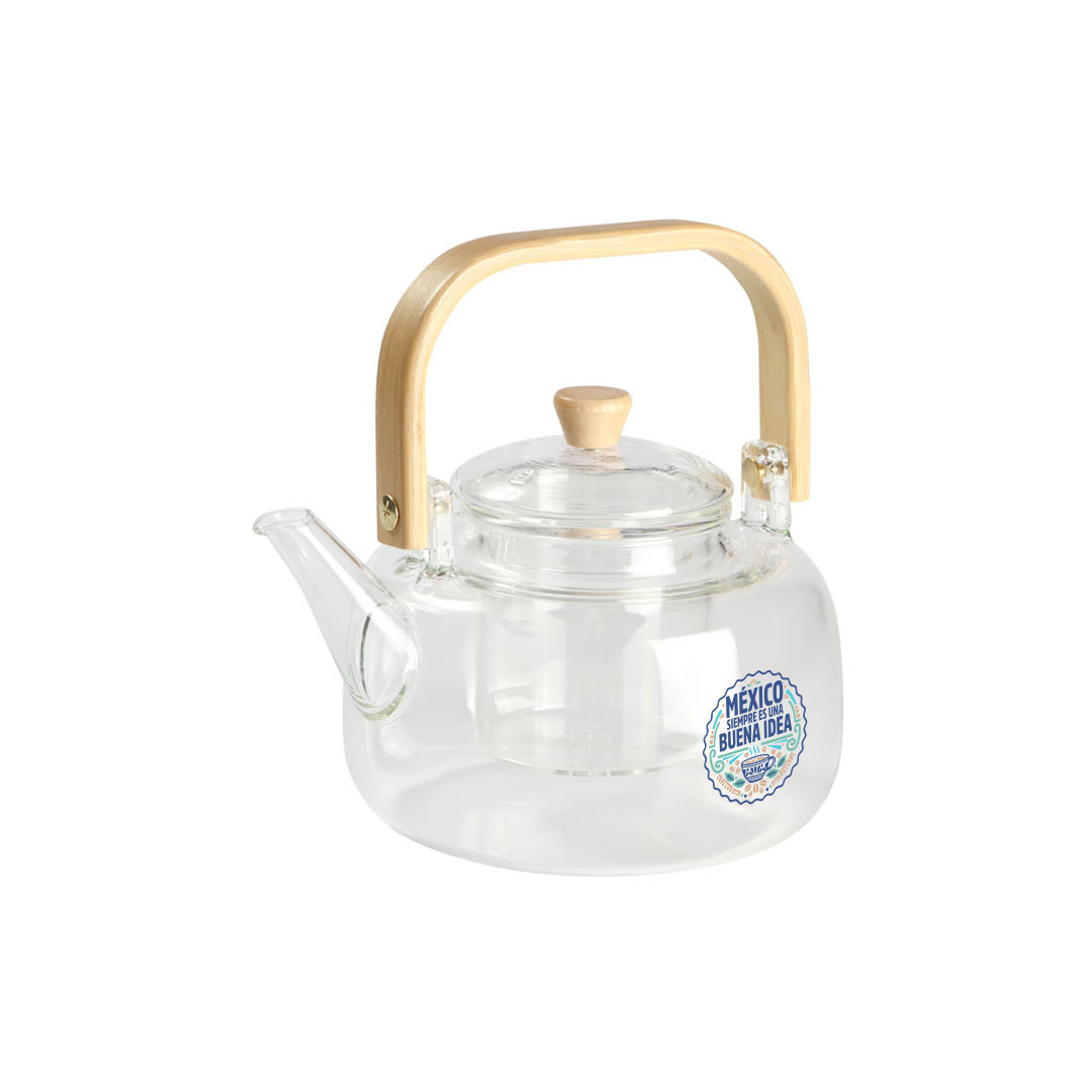 Tetera de vidrio con asa de bambú